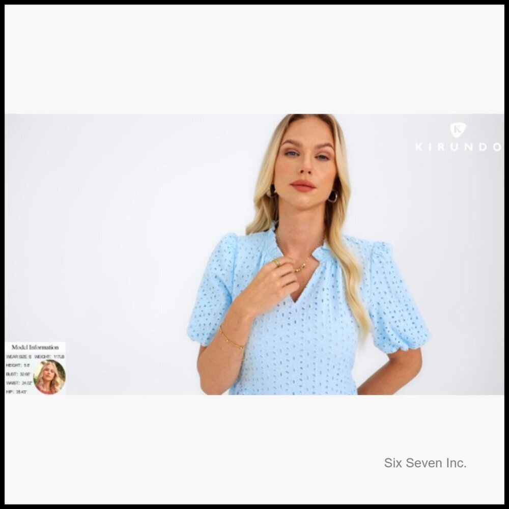 Eyelet Summer Mini Dress with Hollow Out Detail Short Sleeve V Neck - Picture 7 of 7